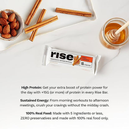 Rise Whey Protein Bars - Honey Cinnamon | Breakfast Bar & Protein Snack 18g Protein 4g Fiber Just 5 Whole Food Ingredients Gluten-Free Soy Free
