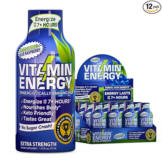 Vitamin Energy Immune+ Extra Strength Daily Energy Shot – Blue Raspberry – 260mg Natural Caffeine, B-Vitamins, Green Tea, Citicoline – Immune & Focus Support – Zero Sugar, Vegan – 1.93 fl oz, 12-Pack
