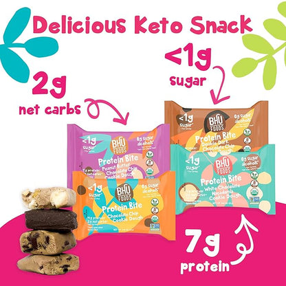 Bhu Foods Keto Bites, Cookie Dough Lovers Variety Pack, Chocolate Chip, Dark Chocolate, Macadamia & Peanut Butter, Organic Snacks for Adults, Individually Wrapped (4 Pack)