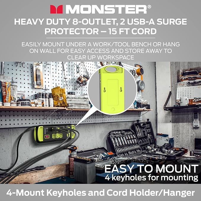 Monster Workshop Heavy-Duty Garage Power Strip Surge Protector - Mountable Heavy-Duty Wide-Spaced 8 Grounded AC & 2 USB-A Outlets with 14ft Angled Flat Plug - 1200 Joules - ETL Listed Black