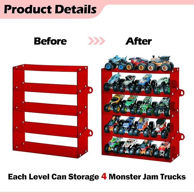 Assembly Monster Trucks Display Case Holding for 20 Monster Trucks Acrylic Storage Case 5 Tiers Monster Trucks Organizer with Tilted Design, Display Case for Toy Trucks (Red)