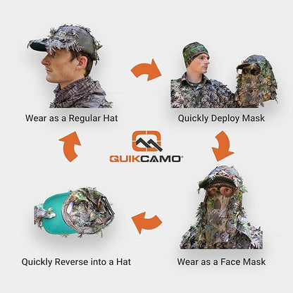 QuikCamo Lightweight 3D Leafy Camo Face Mask & Hat for Hunting, OSFM Adjustable Camouflage Hat, Mossy Oak & Realtree