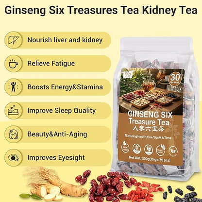 Kidney Tea Formula Ginseng Six Treasure Tea,Ginseng Five Treasures Teabag -7 Ingredient Formula Wolfberry Herbal Chinese Teabag Support Liver Cleanse &Repair for Men Women (1 Box,30 bags)
