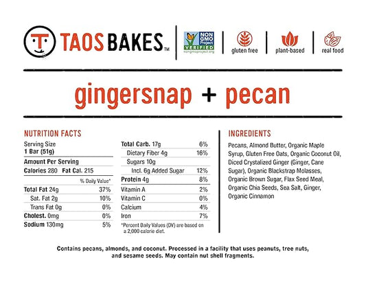 Taos Bakes - Granola Bars - Gingersnap + Pecan - 7g Protein, Gluten Free, Non-GMO, & Vegan - Healthy Snacks for Adults - Filled with Pecans, Almond Butter, & Chia Seeds (12 Pack, 1.8oz Bars)