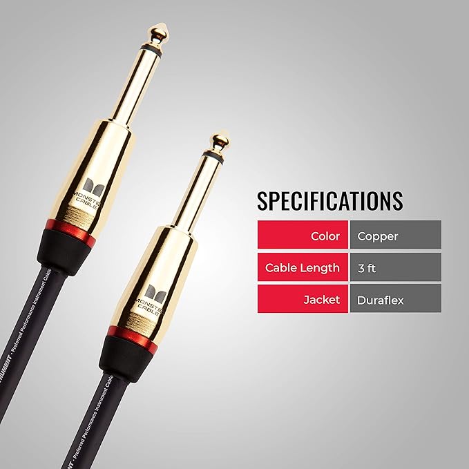 Monster Prolink Rock Instrument Cable - 3 ft Straight to Straight Guitar Cable - 95% Copper Braided Shielded for Electric Guitar