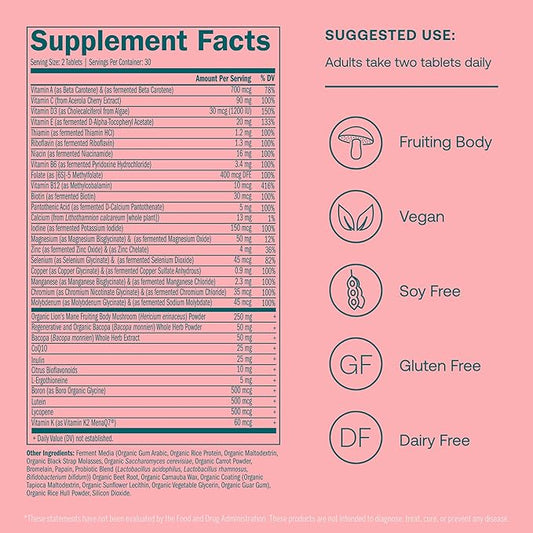 True Grace Daily Women’s Multivitamin 50+ - 60 Easy-to-Swallow Tablets - Immune, Energy, Longevity & Memory Support - Gluten Free, Soy Free, Iron Free, Vegan - 30 Servings