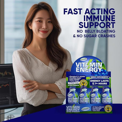 Vitamin Energy Immune+ Extra Strength Daily Energy Shot – Blue Raspberry – 260mg Natural Caffeine, B-Vitamins, Green Tea, Citicoline – Immune & Focus Support – Zero Sugar, Vegan – 1.93 fl oz, 48-Pack