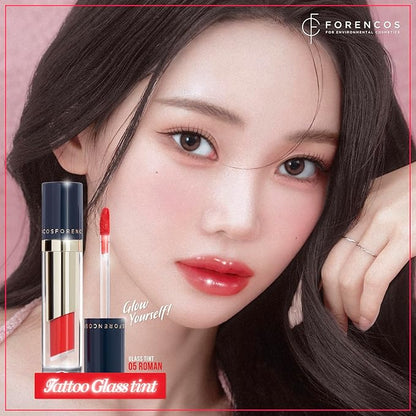FORENCOS Tattoo Glass Lip Gloss Tint, Korean Glossy Tint/Stain, High Pigmentation, Glasting Shine, Long Lasting, Moisturizing, Lightweight, Non-Sticky Formula (05 ROMAN)