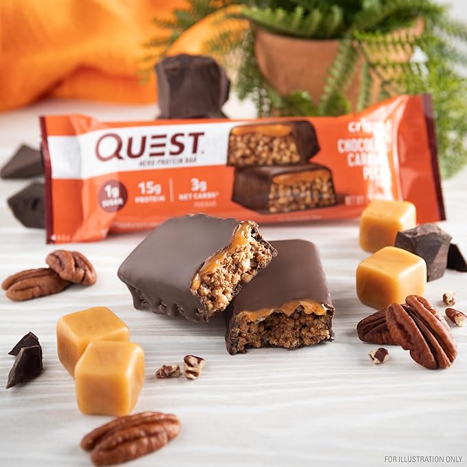 Quest Nutrition Crispy Chocolate Caramel Pecan Hero Protein Bar, 15g Protein, 1g Sugar, 3g Net Carbs, Gluten Free Protein Snack, Keto Friendly, 4 Count