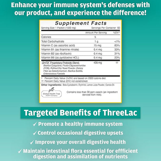 ThreeLac Lemon Probiotic Drink Mix for Digestive Health - Advanced Probiotic Powder Formula for Men, Women, and Kids - Immune Support & Gut Balance, Non-GMO - 120 Packets