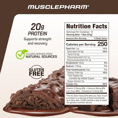 MusclePharm Combat Sport Bar, Chocolate Cake Flavor High Protein Bars, Combat Cravings, Fuel Performance & Meet Energy Demands, 20g Protein from Whey Protein, 5g Fiber, Gluten Free, 12 Bars
