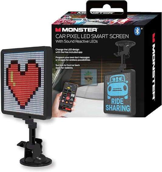 Monster Smart Pixel Display Screen for Cars, App Controlled Custom LED Text Pattern & Animation Screen, Sound Reactive, USB Powered, 6x6 in, 32x32 Pixels, Full Color Mobile Advertising & Ride Sharing