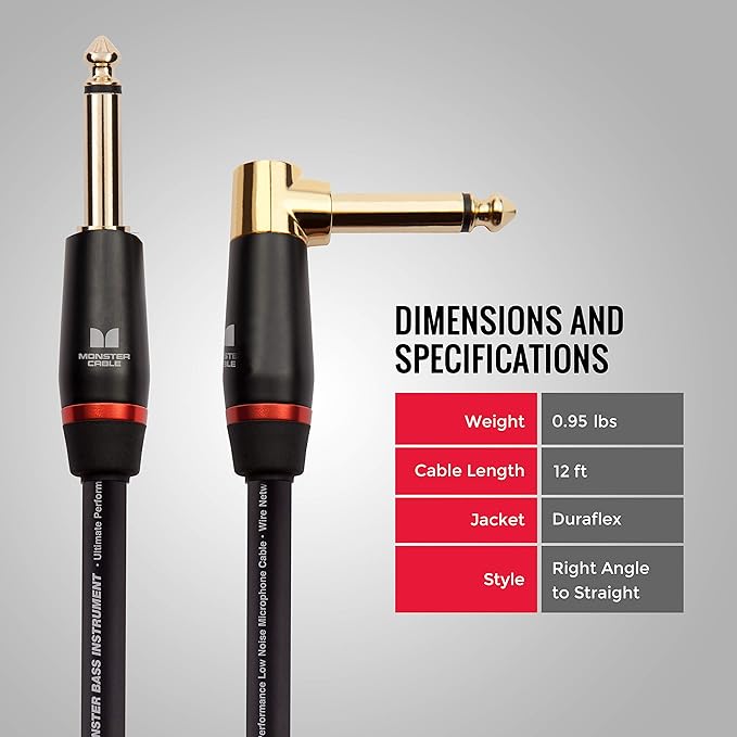 Monster Prolink Bass Instrument Cable – 12ft Right Angle to Straight Guitar Cable with 95% Copper Shielding