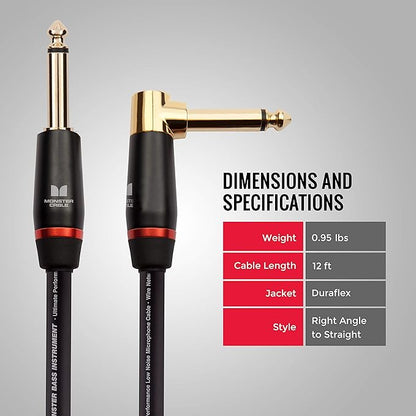 Monster Prolink Bass Instrument Cable – 12ft Right Angle to Straight Guitar Cable with 95% Copper Shielding