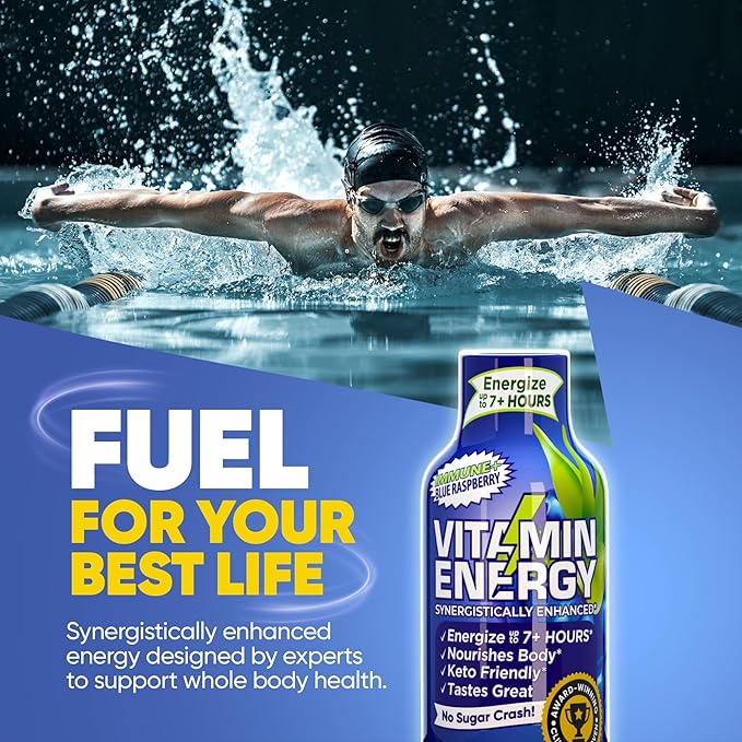 Vitamin Energy Immune+ Extra Strength Daily Energy Shot – Blue Raspberry – 260mg Natural Caffeine, B-Vitamins, Green Tea, Citicoline – Immune & Focus Support – Zero Sugar, Vegan – 1.93 fl oz, 12-Pack