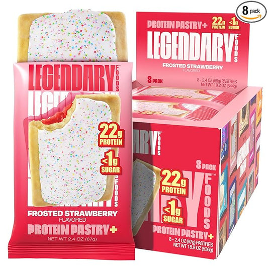 Legendary Foods 22g Protein Pastry+ Premium Low Carb Meal Replacement Bar - Low Glycemic, Gluten Free Protien Snacks - Healthy Keto Snack Box, 8x Zero Sugar Energy Bars - Bariatric Diabetic Friendly