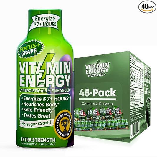 Vitamin Energy Focus+ Extra Strength Daily Energy Shot – Grape – 260mg Natural Caffeine, 100% DV B-Vitamins – Focus & Productivity Support – Zero Sugar, Vegan, Kosher – 1.93 fl oz, 48-Pack