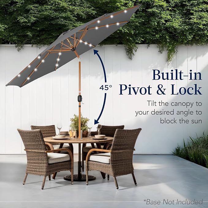 Best Choice Products 10ft Solar Market Patio Umbrella w/Woodgrain Pattern Pole, LED Lights, Tilt & Crank – Outdoor Sun Shade for Backyard Table, Deck, Poolside – Gray