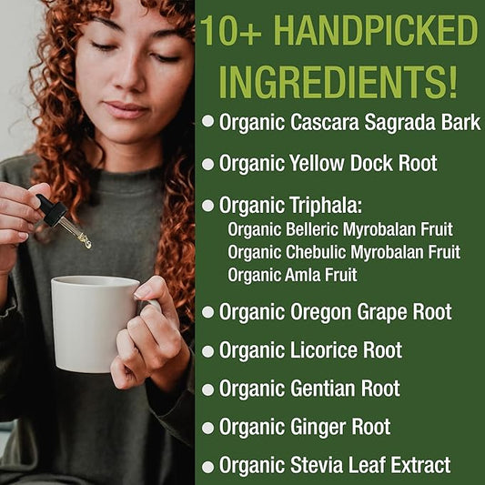 USDA Organic Colon Cleanse Liquid Drops. Vegan, Kosher Colon Cleanser & Detox Supplement with 10+ Super Gentle Herbal Ingredients Including Organic Cascara Sagrada Bark and Organic Yellow Dock Root