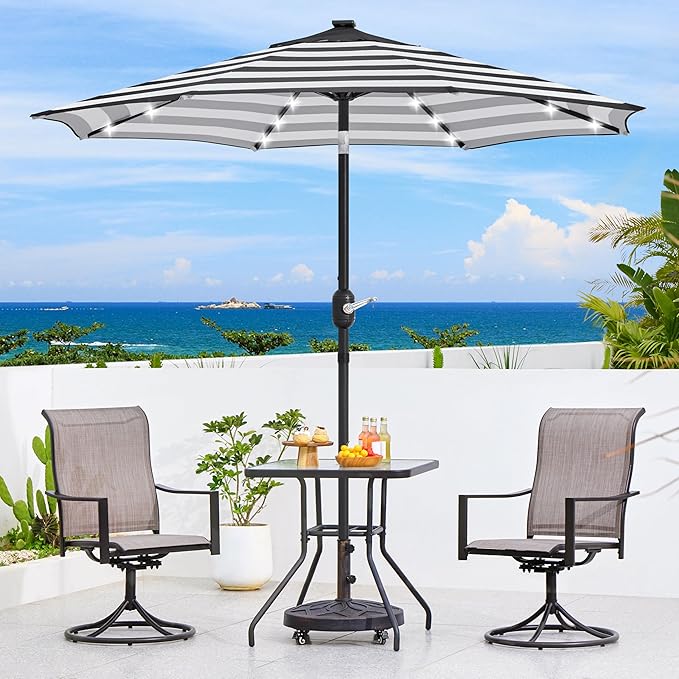 Yaheetech 9FT Solar Patio Umbrella 32 LED Lighted Table Umbrella with 8 Ribs/Tilt & Crank Lift System for Garden/Lawn/Deck/Backyard/Pool, Black/White