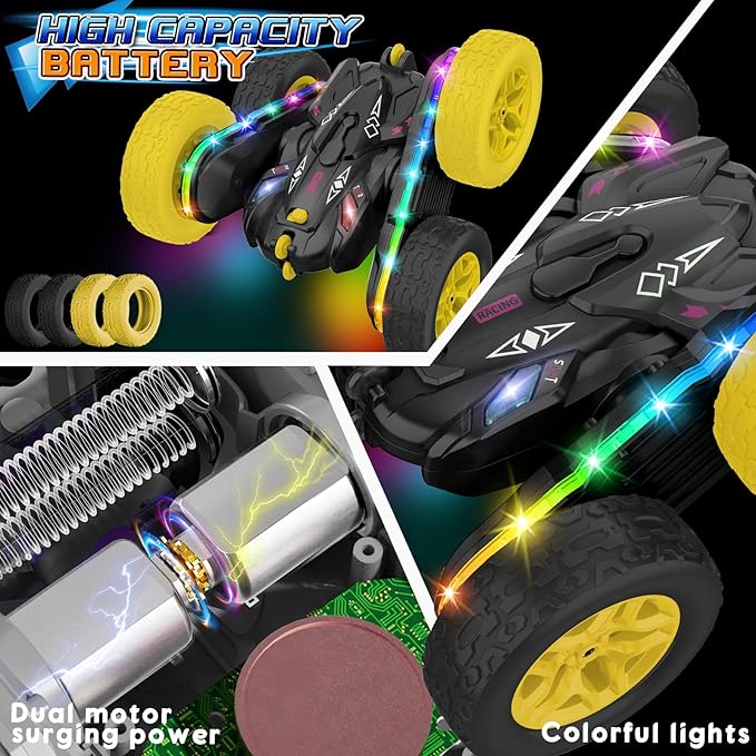 Remote Control Car,RC Cars with sides light strip and Headlights,Double Sided 360 Flips Rotating RC Stunt Car,2.4Ghz All Terrain Toys for Ages 4-6 Kids Toy for Boys Girls Birthday Gift(black)
