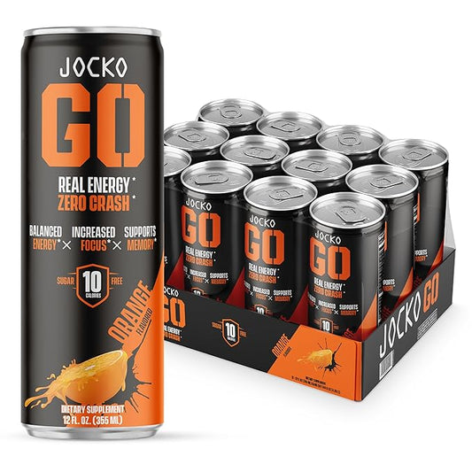 Jocko GO Energy Drink (Afterburner Orange) - KETO, Vitamin B12, Vitamin B6, Electrolytes, L Theanine, Magnesium- Energy Boost, Sugar Free Nootropic Monk Fruit Blend - 12 Pack