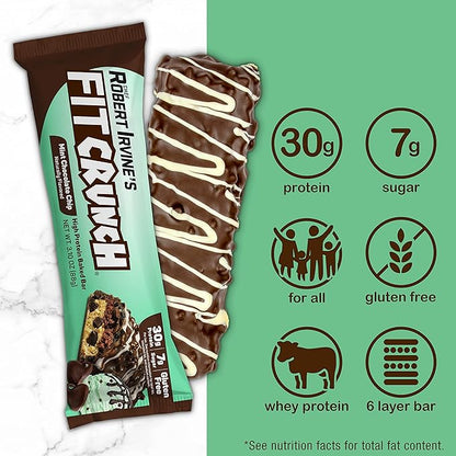 FITCRUNCH Full Size Protein Bars, 6-Layer Baked Bar, 7g of Sugar, Gluten Free & Soft Cake Core (12 Bars, Mint Chocolate Chip)