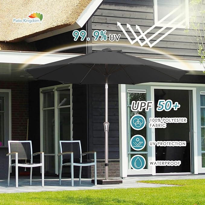 PatioKingdom 9FT Patio Outdoor Umbrella-UPF 50+ Sun Shade with Wind Vent, Push-Button Tilt & Smooth Crank Lift, Rust-Resistant Fiberglass Frame for Garden, Backyard,Yard