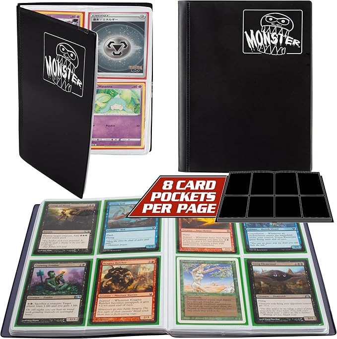 Monster 4 Pocket Trading Card Binder - Matte Black Album, Anti-Theft & Anti-Drop TCG Protection w Side Loading Padded Pockets, Double Sided, Holds 160 Cards, For Sports, Gaming, Kpop, Gift