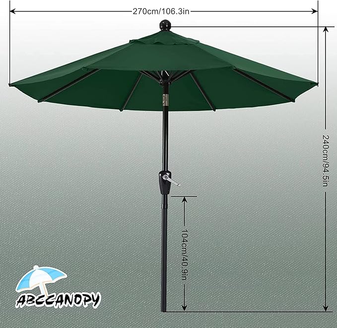 ABCCANOPY 9FT Outdoor Patio Umbrella, 8 Ribs Table Umbrella w/Crank for Easy Set Up, Suitable for Garden, Lawn, Deck & Backyard (Forest Green)