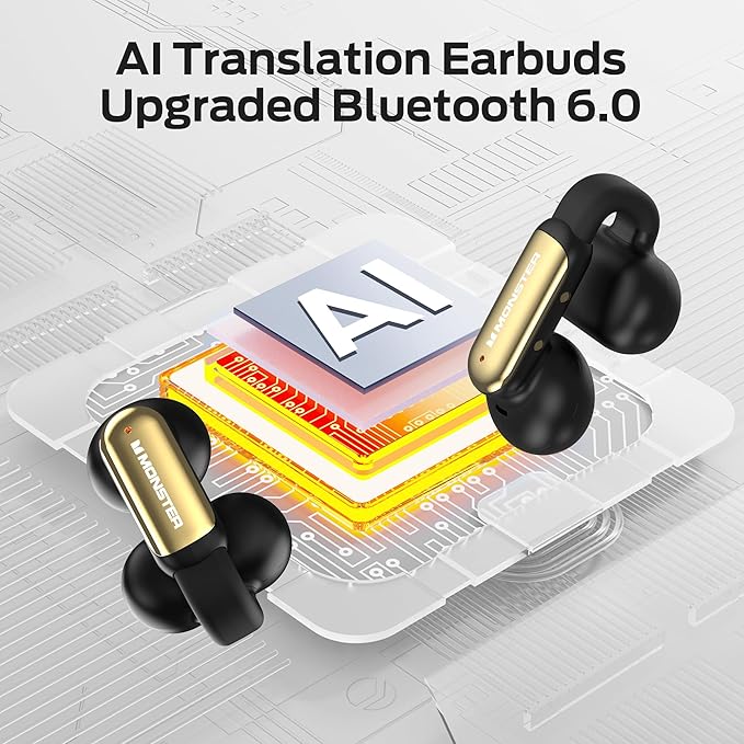 Monster AI Translation Earbuds Open AC601, 3-in-1 Translator Wireless Earphones, Bluetooth 6.0 Open Earbuds with 115 Languages Translation, Real-Time AI & Touch Control Wireless Headphone (Black)