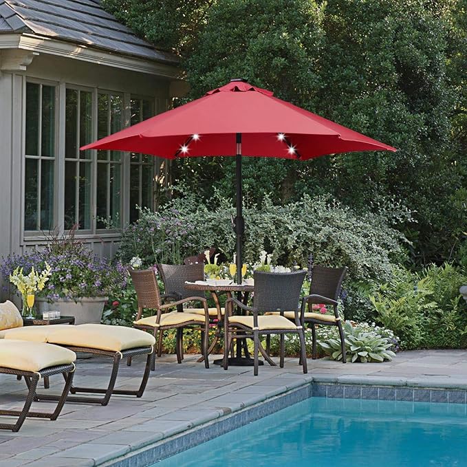 Yaheetech 7.5FT Solar Powered Patio Umbrella - UV Protection Market Table Umbrella w/18 LED Lights & Push Button Tilt & Crank Lift System for Garden/Lawn/Deck/Backyard/Pool,Red