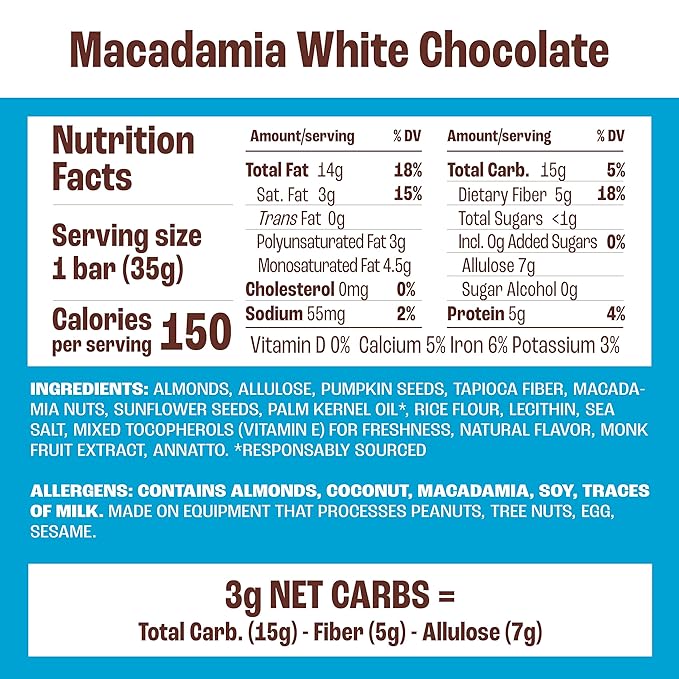 Munk Pack Nut & Seed Snack Bar - 6g Protein, 1g Sugar, 3g Net Carbs, Low Sugar, Keto, and Gluten Free Snack for Adults and Kids, Macadamia White Chocolate – 4.92 oz, 12 Pack