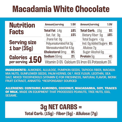 Munk Pack Nut & Seed Snack Bar - 6g Protein, 1g Sugar, 3g Net Carbs, Low Sugar, Keto, and Gluten Free Snack for Adults and Kids, Macadamia White Chocolate – 4.92 oz, 12 Pack