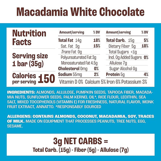 Munk Pack Nut & Seed Snack Bar - 6g Protein, 1g Sugar, 3g Net Carbs, Low Sugar, Keto, and Gluten Free Snack for Adults and Kids, Macadamia White Chocolate – 4.92 oz, 12 Pack