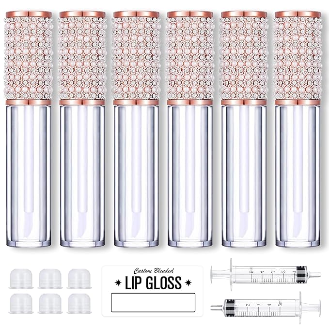 AMORIX 6pcs Lip Gloss Tubes with Wand 5ml Empty LipGloss Containers Pearl Diamond Lipgloss Bottles Lip Gloss Supplies Kit with 2pcs Syringe