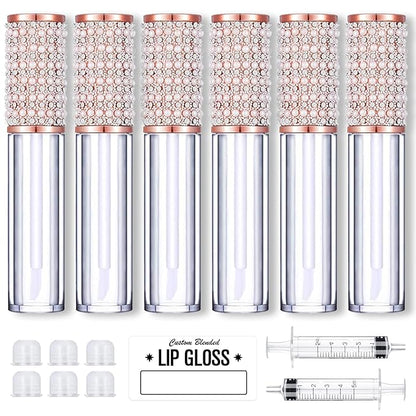 AMORIX 6pcs Lip Gloss Tubes with Wand 5ml Empty LipGloss Containers Pearl Diamond Lipgloss Bottles Lip Gloss Supplies Kit with 2pcs Syringe