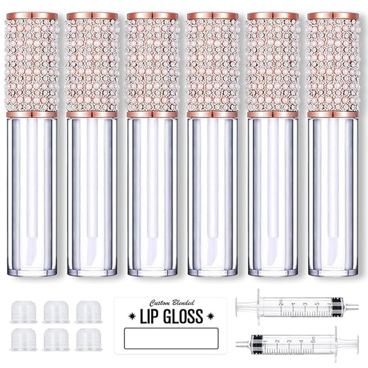 AMORIX 6pcs Lip Gloss Tubes with Wand 5ml Empty LipGloss Containers Pearl Diamond Lipgloss Bottles Lip Gloss Supplies Kit with 2pcs Syringe