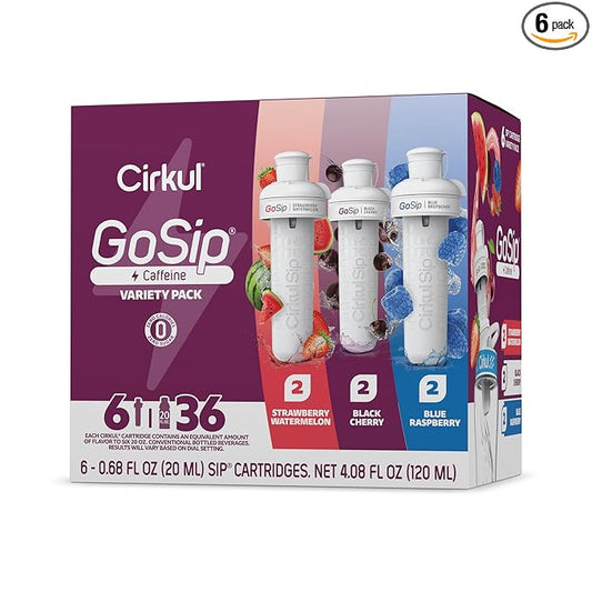 Cirkul GoSip Flavor Cartridge Variety Pack with Caffeine, 6-Pack (2 Blue Raspberry, 2 Black Cherry, 2 Strawberry Watermelon)