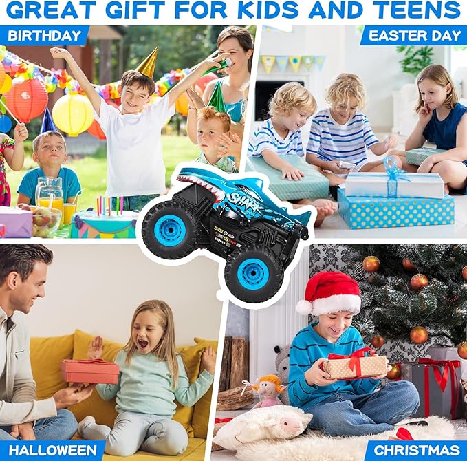 DYODYORC Remote Control Car, 2.4Ghz All Terrain Shark Monster Truck Toys, RC Truck with Music, 3 Lighting Effects, 360 Stunt Capable, All Included Ready to Run, Toy Gifts for Boys and Girls (Blue)