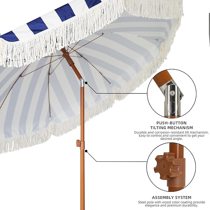 AMMSUN 7ft Patio Umbrella with Fringe Outdoor Tassel Umbrella UPF50+ Wood Color Steel Pole and Steel Ribs Push Button Tilt, Navy Stripe