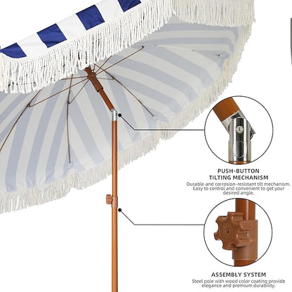 AMMSUN 7ft Patio Umbrella with Fringe Outdoor Tassel Umbrella UPF50+ Wood Color Steel Pole and Steel Ribs Push Button Tilt, Navy Stripe