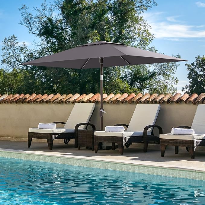 6.6x10ft Rectangular Patio Umbrella, 2 Tiers Outdoor Table Umbrellas with Push Button Tilt and Crank for Patio, Pool, Backyard, Deck, Picnic, Yard (Grey)