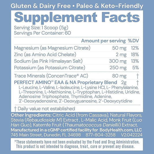 BodyHealth PerfectAmino Electrolytes Powder, Hydration Powder, Sugar Free Electrolyte Drink Mix, Keto Electrolytes Powder, Non GMO, Mixed Berry Flavor (60 Servings)