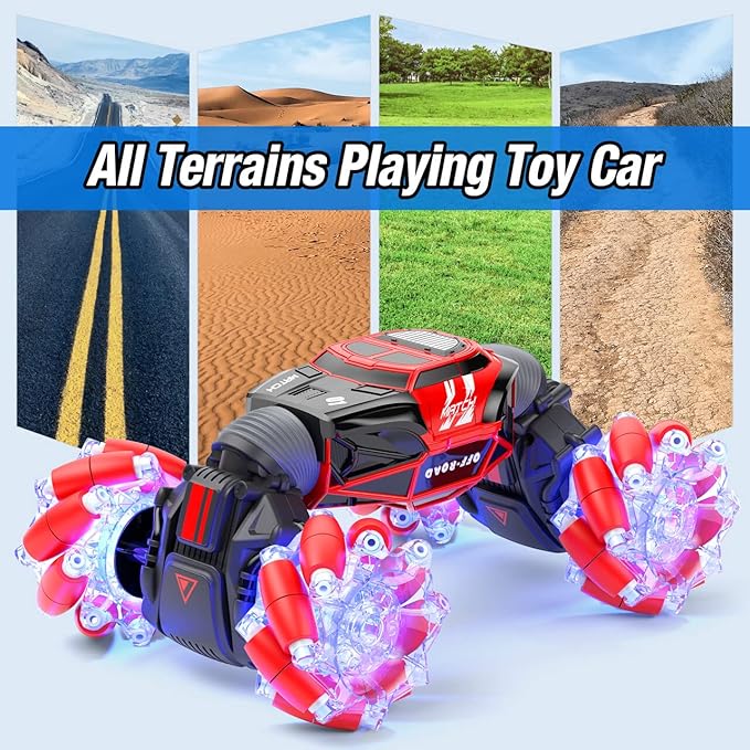 Powerextra Remote Control Car, 4WD 2.4GHz Gesture Sensing Rc Stunt Car, Double Sided 360°Rotating Off Road Car with LED Light & Music, Toy Cars for 6-12 Year Old Boys & Girls - Red