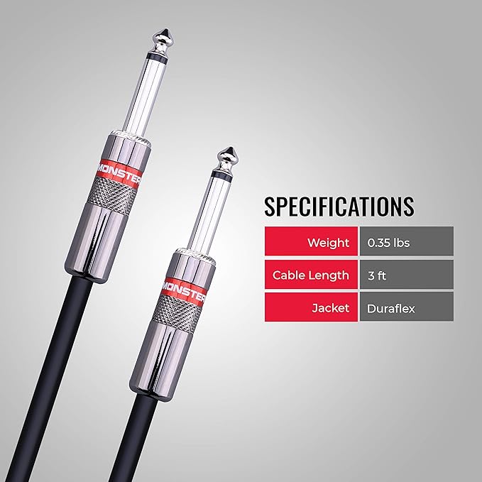 Monster Prolink Classic Speaker Cable - 3FT Straight to Straight Instrument Cable - 1/4-Inch Plugs - Guitar Cord w/Superior Signal Transfer, Noise Reduction, Duraflex Outer Jacket
