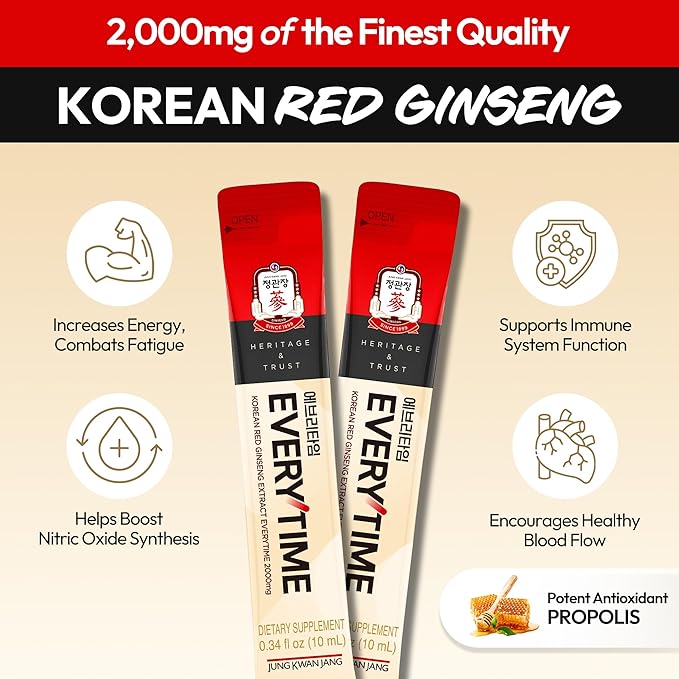 Everytime Korean Red Ginseng Extract 2,000mg - Adaptogen Energy Drink, Liquid Stick Supplements with Propolis - Energy Boost & Immune Support, Caffeine Free (30 Sticks, 0.34 fl oz)