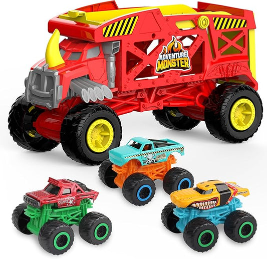 4-in-1 Mounster Truck Transport Carrier Playset, Red Mover Rhino Toy Cars Hauler Set for Children, Including 3 Diecast Monster Trucks, Ideal Gift for Kids 3+