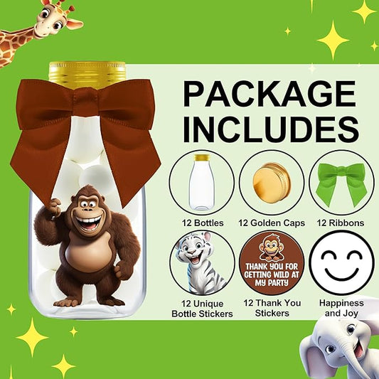 Small 12 Pack Safari Party Favors - DIY Candy Jars with Ribbons and Stickers - Party Decoration Bottles for Birthday, School Classroom, and Baby Shower - Giftable Table Centerpieces for Kids
