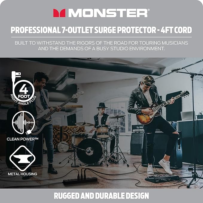 Monster Pro MI Professional Surge Protector Power Strip with Fireproof MOV Technology for Computers, Amplifiers, Pedal Boards, and Pro Audio Gear, 1350 Joule, 4 ft Cord, 7 Outlet Power Strips